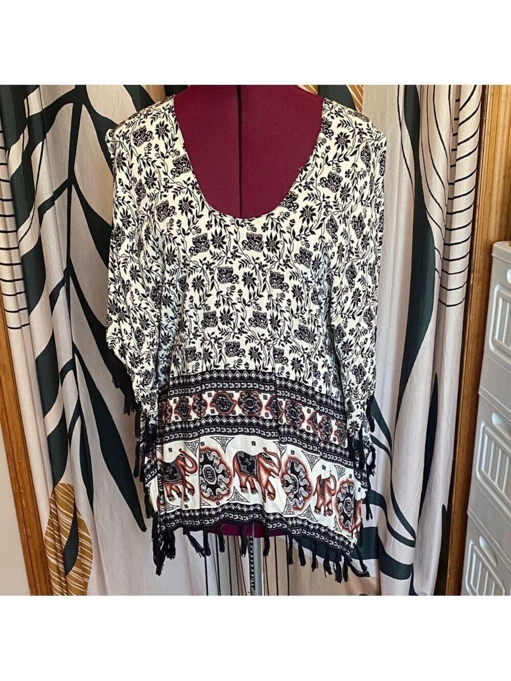 2 for $12 from my closet-Black and White Floral and elephant poncho with Fringe